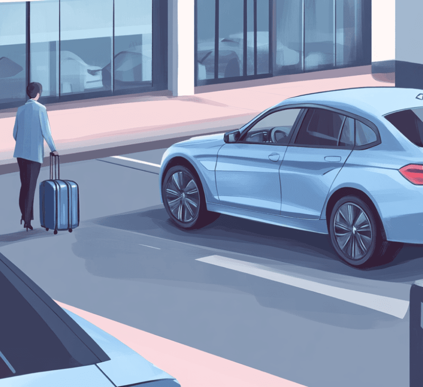 Illustration of a car parked outside a hotel