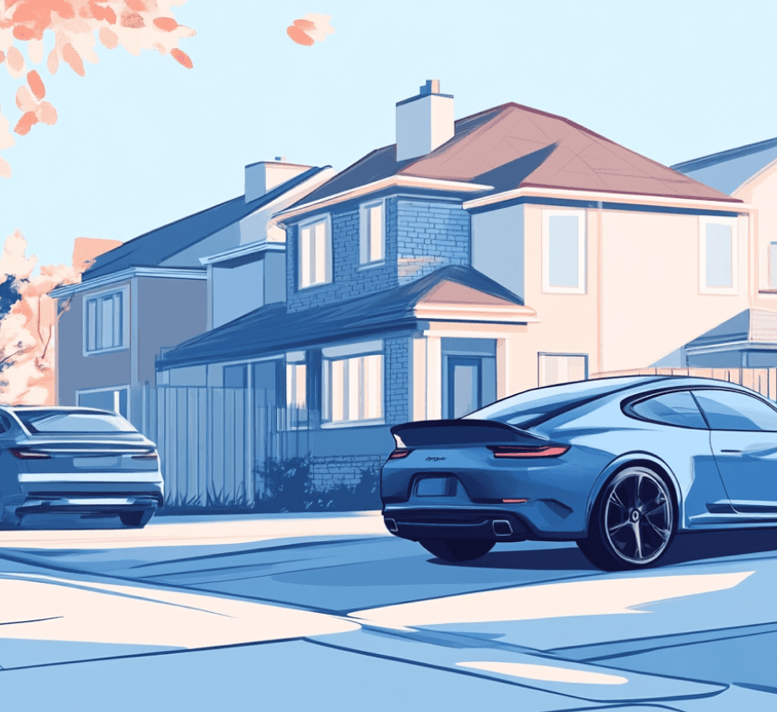 Illustration of a car parked outside a house