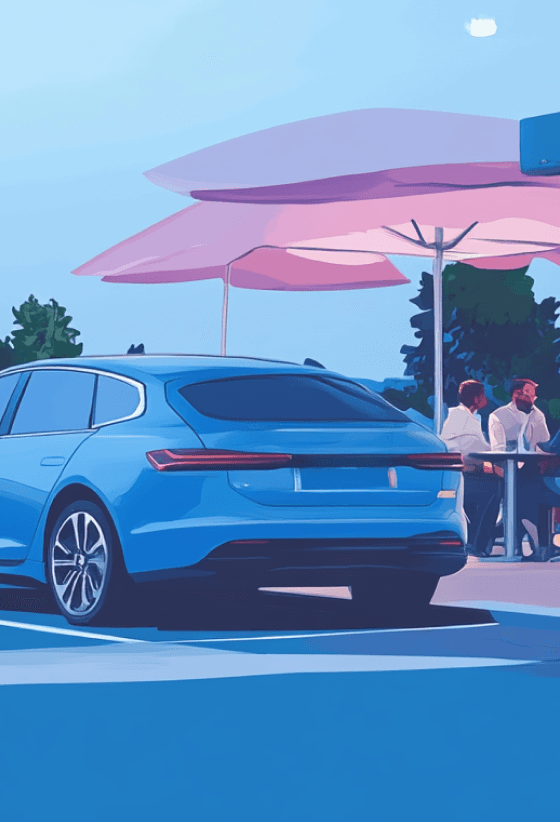 Illustration of a car parked outside a restaurant