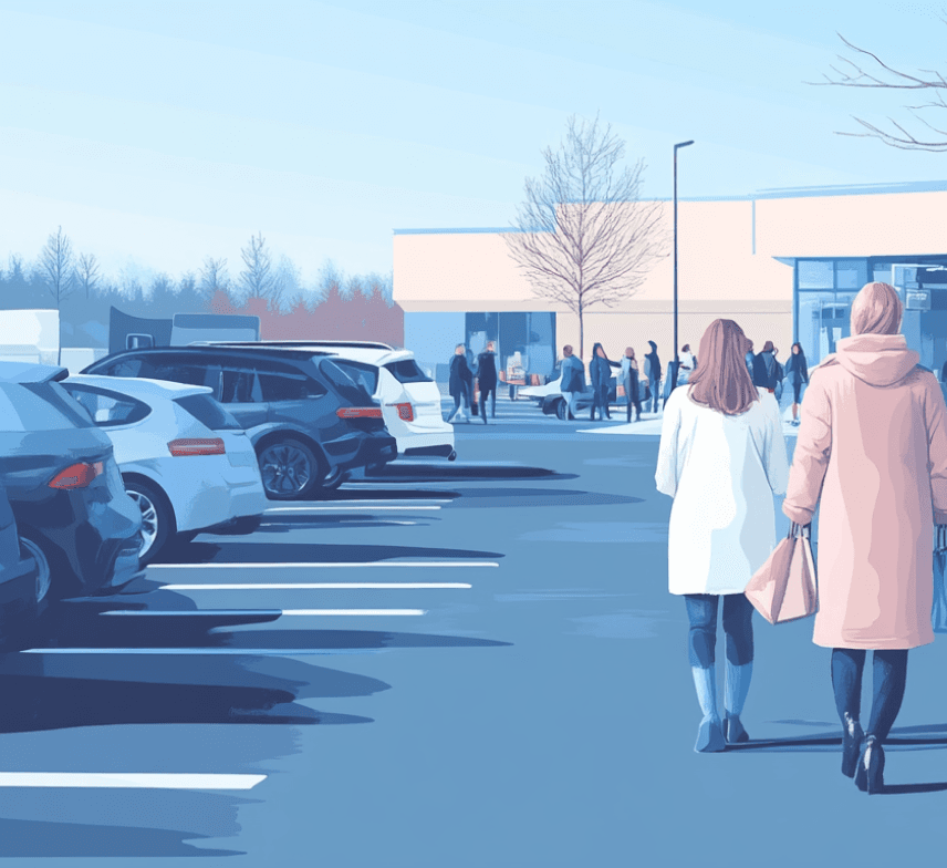 Illustration of woman walking through a car park