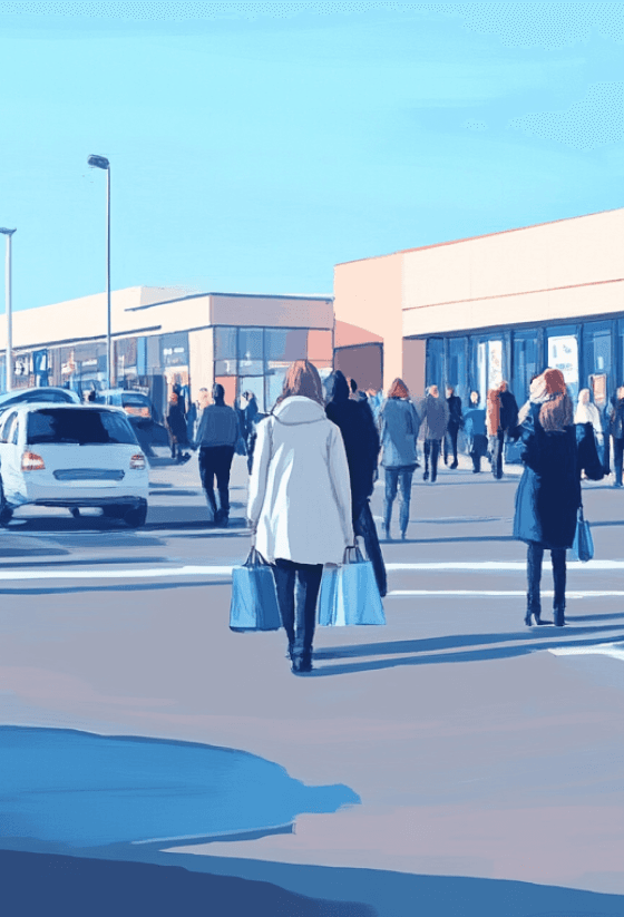 Illustration of people walking through a busy car park