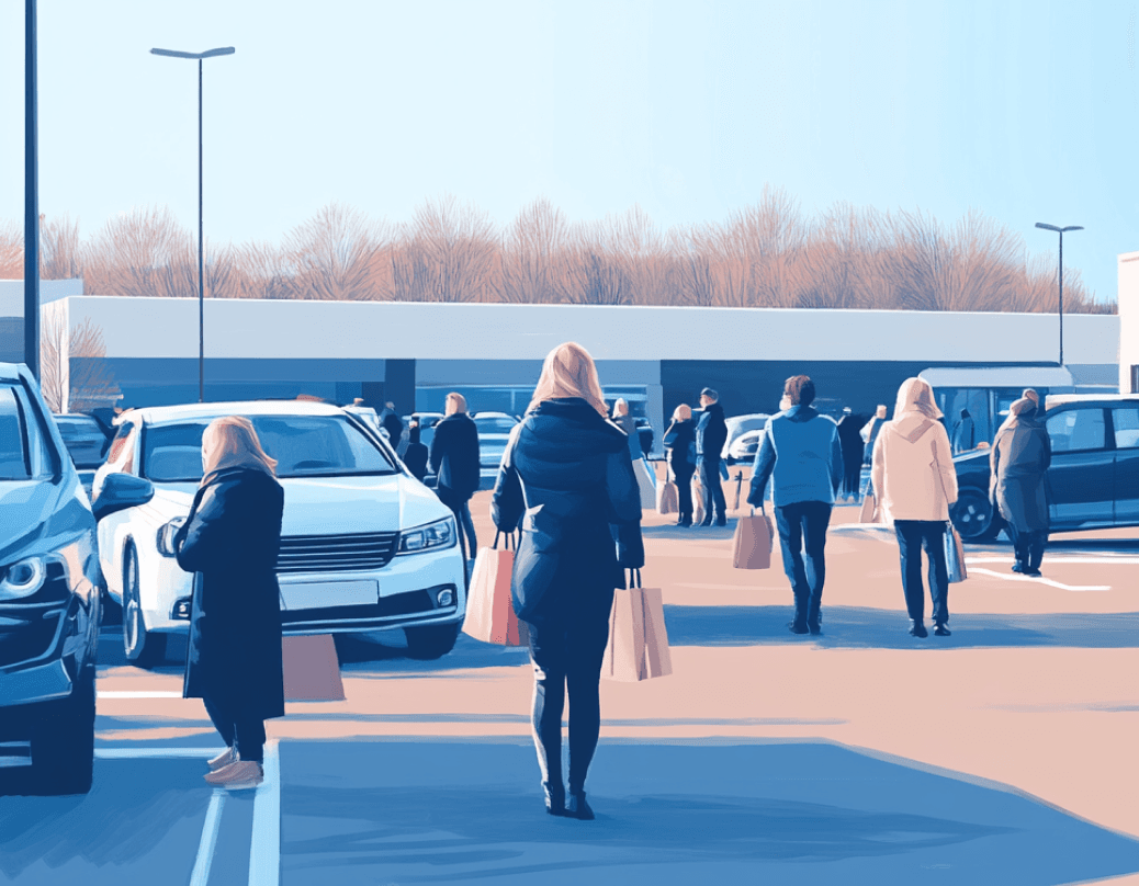 Illustration of people walking through a carpark